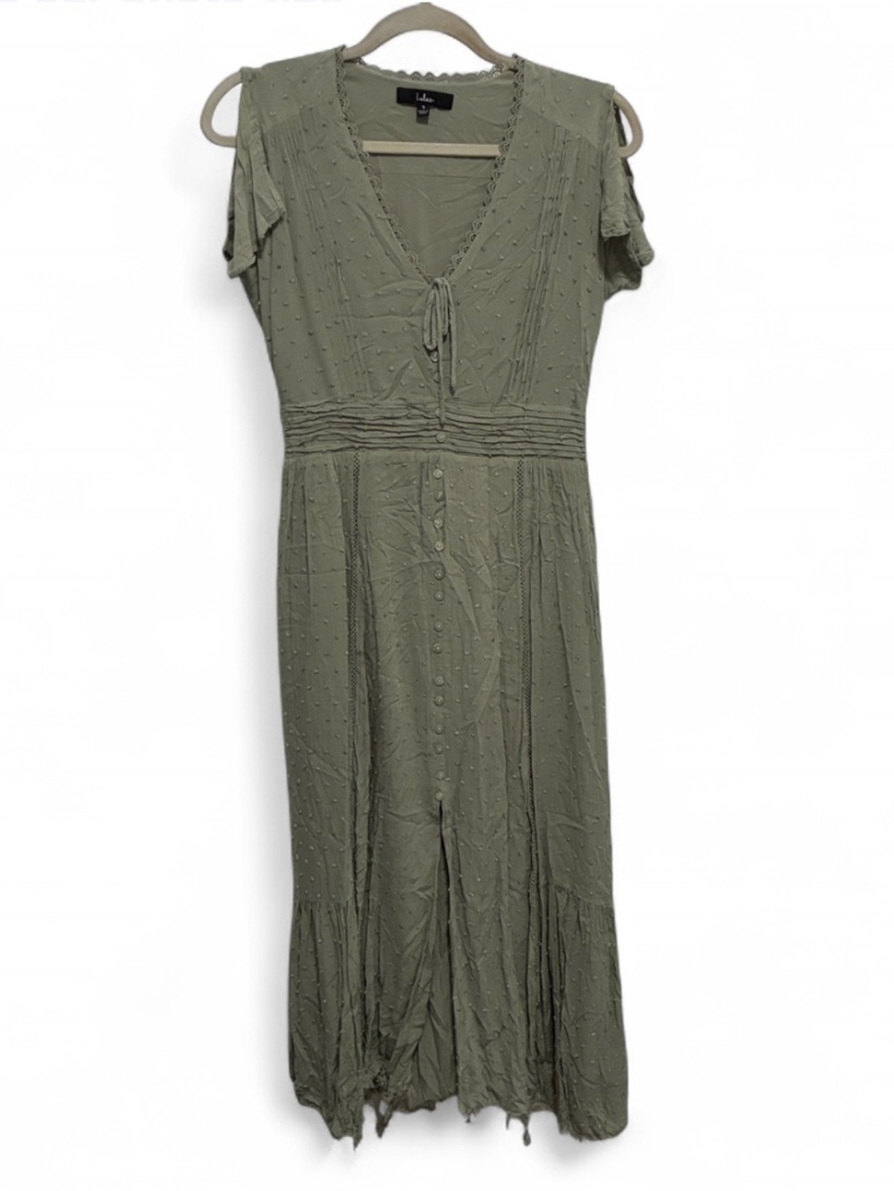Lulus Olive Green Textured Dot V-Neck Midi Dress